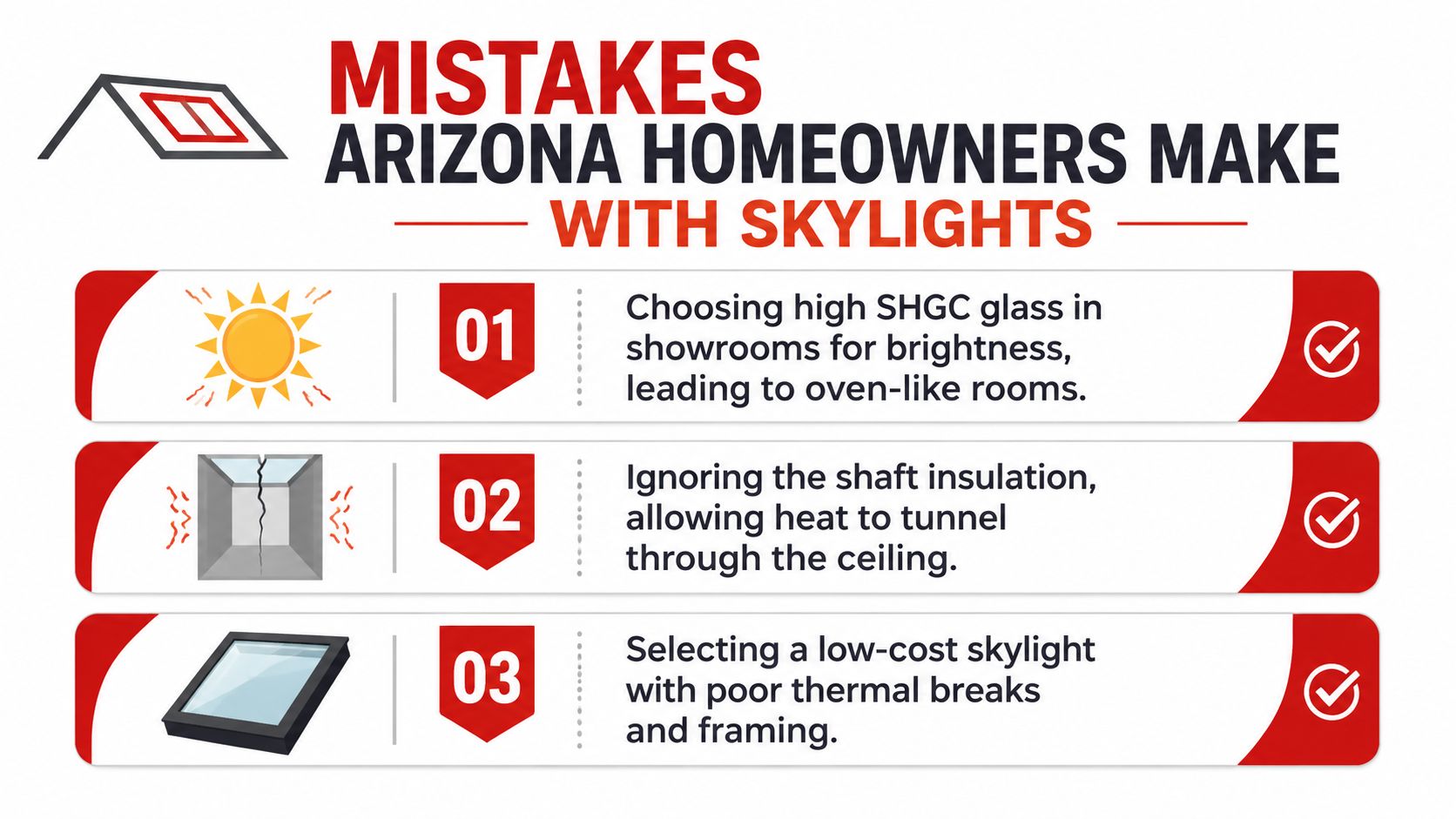 An infographic showing three common mistakes Arizona homeowners make when installing skylights to prevent heat gain.