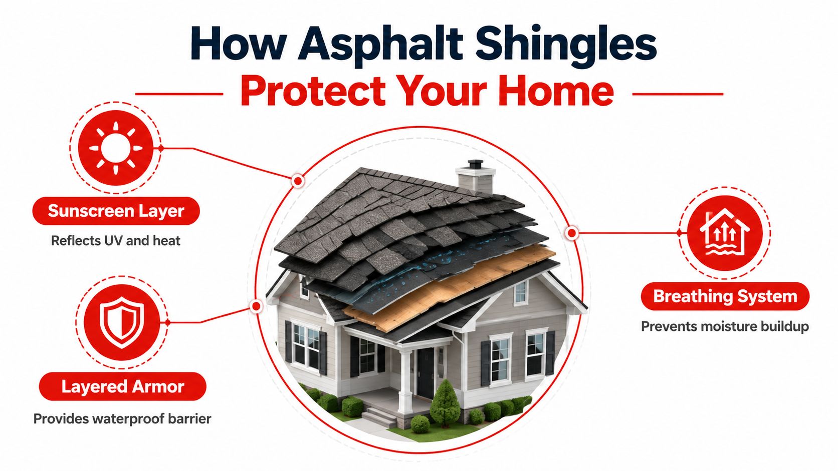 A diagram illustrating how asphalt shingles protect a house through sun protection, waterproof layers, and ventilation.