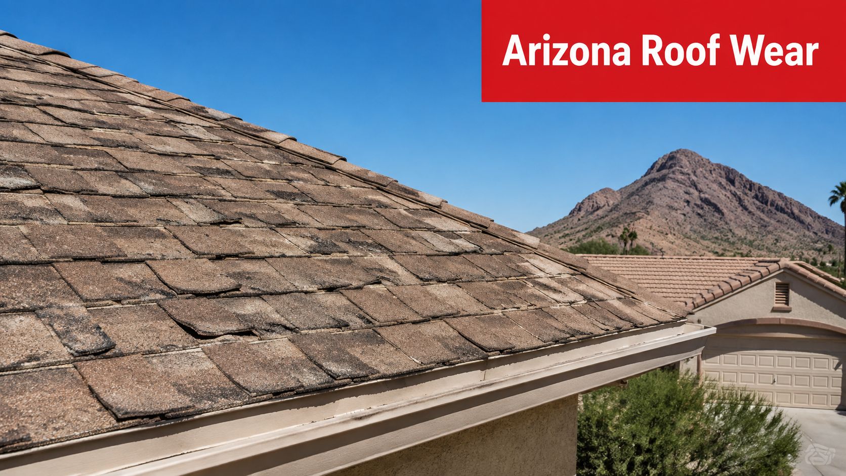 A close up view of worn and damaged asphalt roof shingles on a home in Arizona.