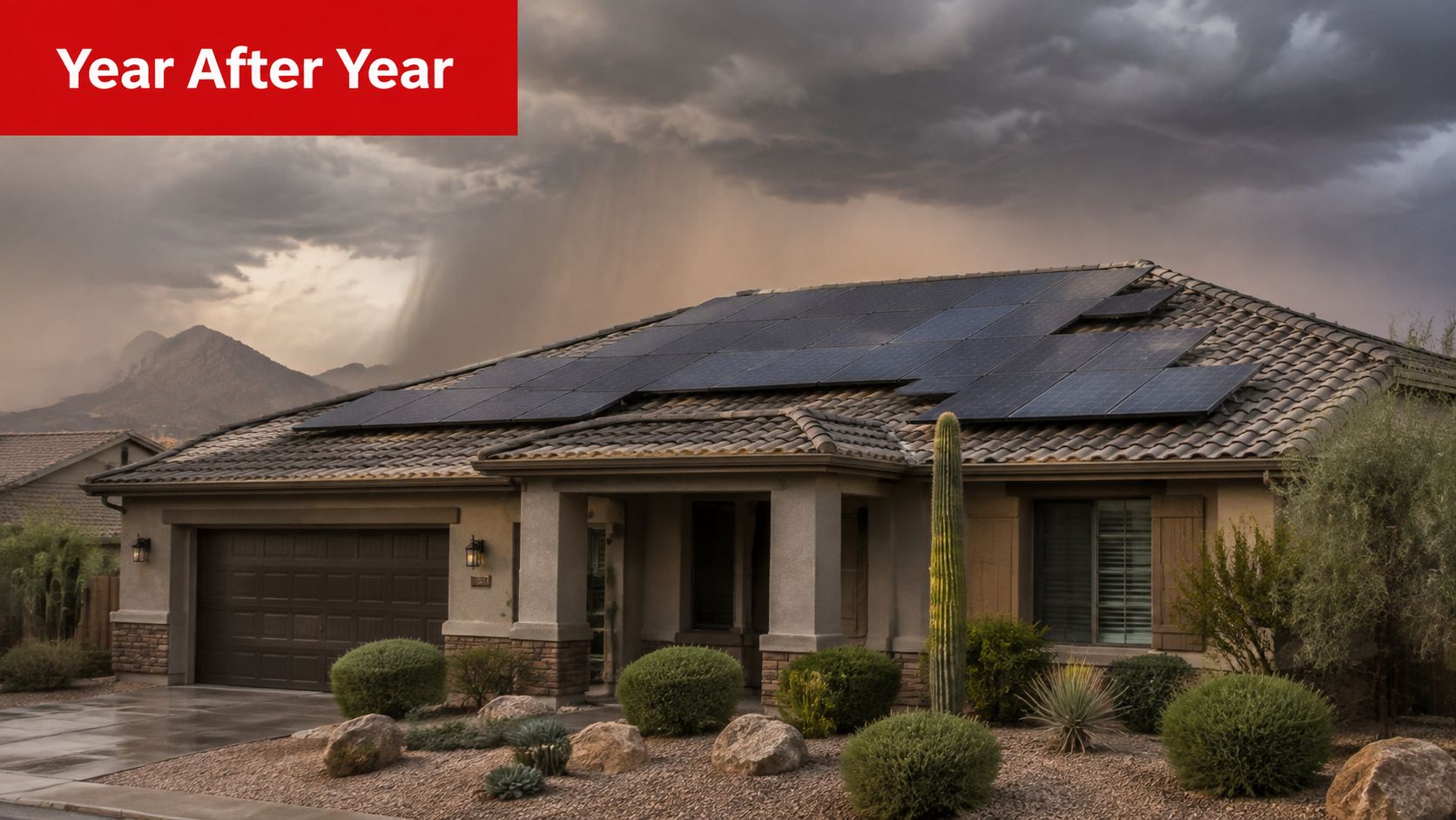 A house with a tiled roof and solar panels during a stormy day in the desert