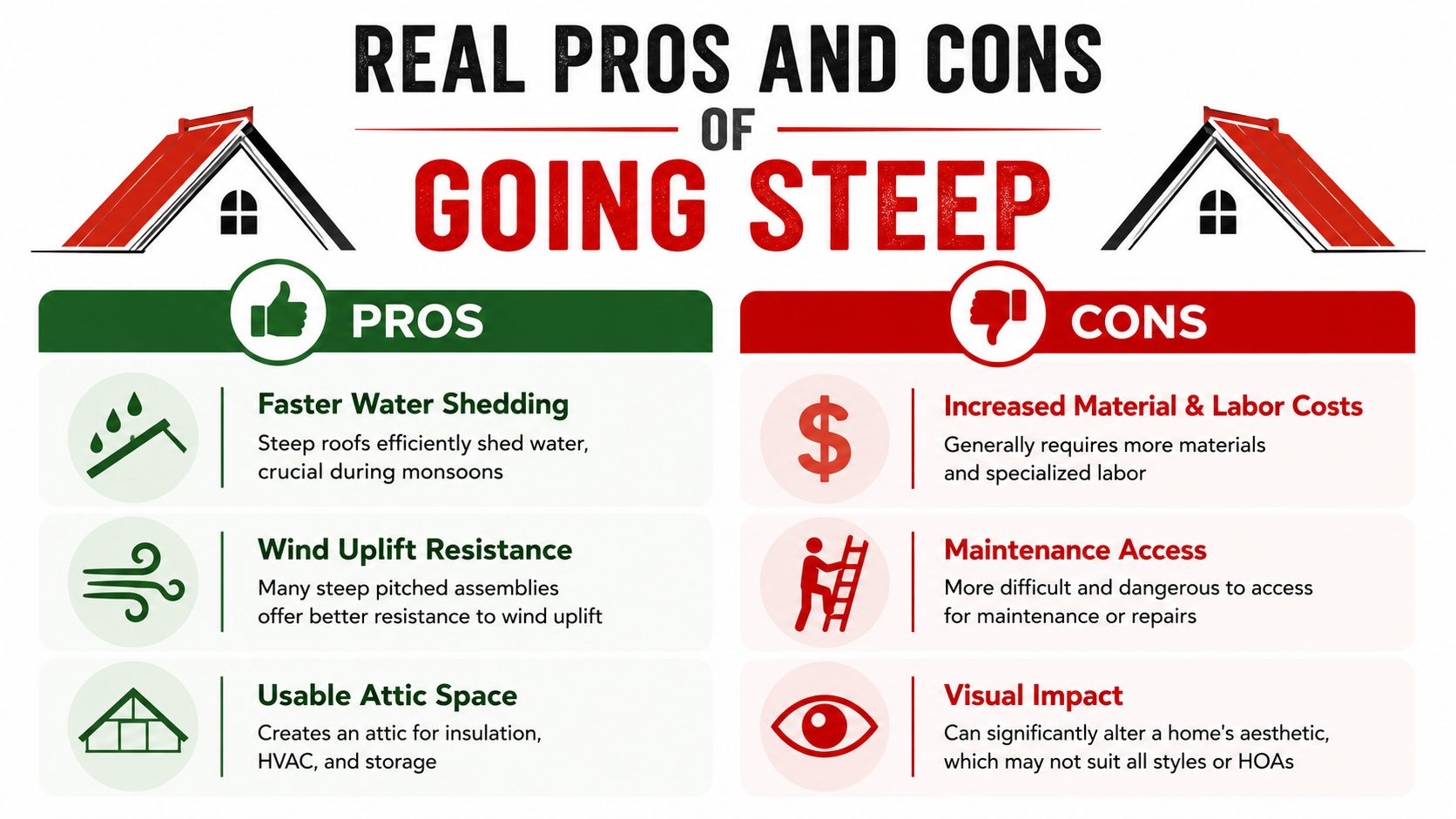 An infographic comparing the benefits and drawbacks of installing a steep pitched roof on a residential home.