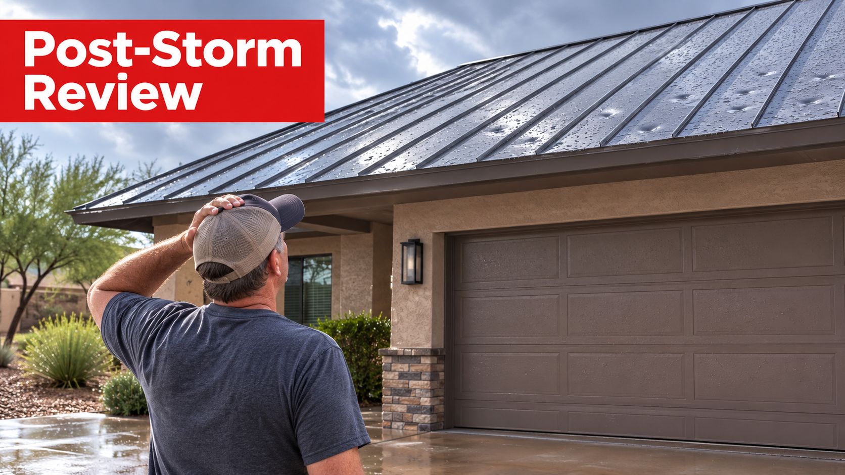 A man observing hail damage on a residential metal roof after a severe storm passed through.