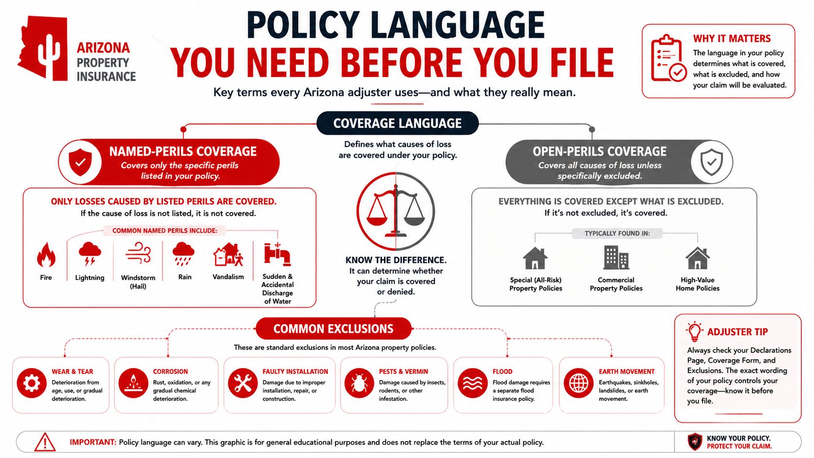 An infographic explaining insurance policy language, including named-perils coverage, open-perils coverage, and common property insurance exclusions.