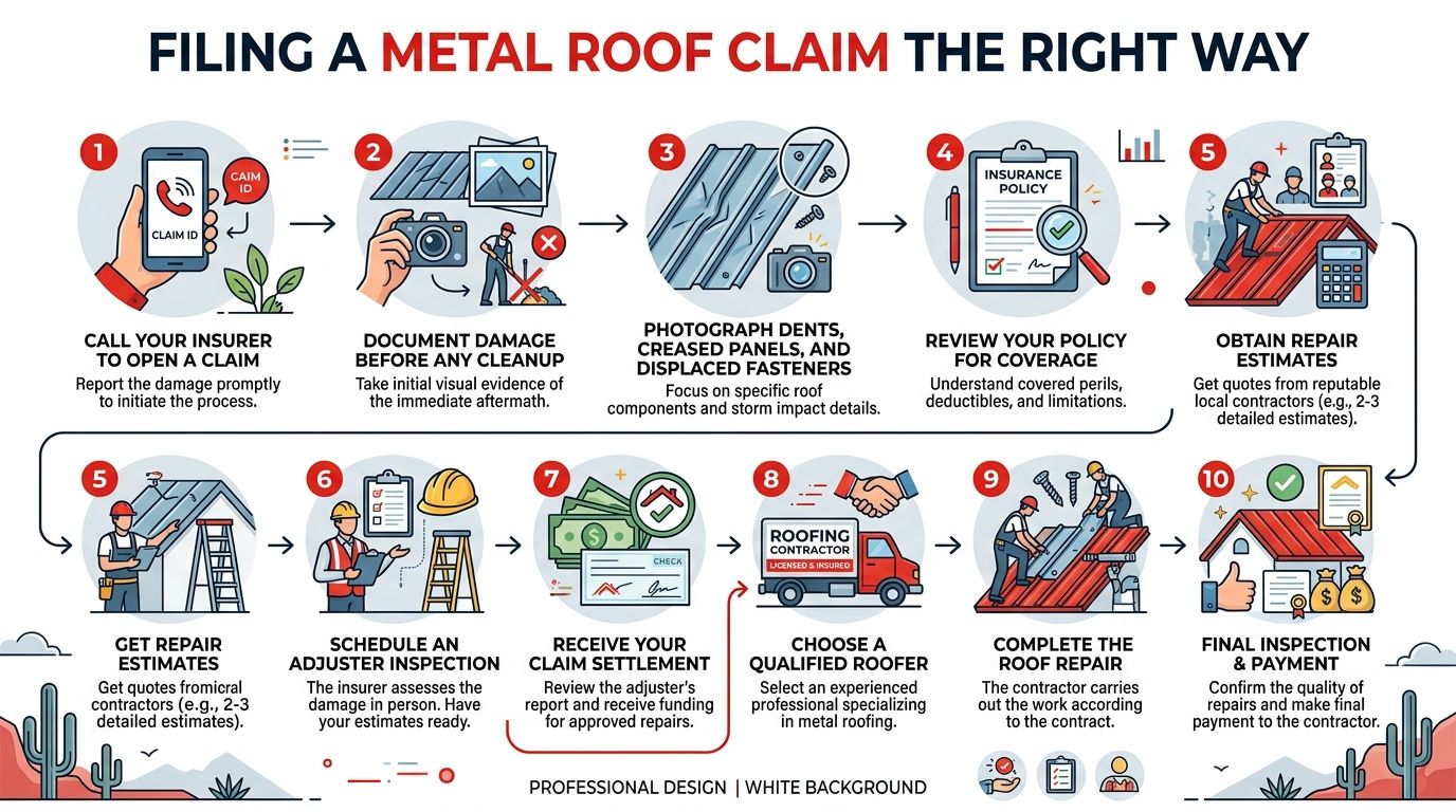 An infographic showing a ten-step process for filing a successful insurance claim for metal roof damage.
