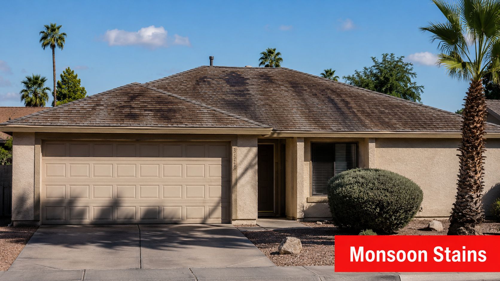 A house exterior showing significant dark monsoon stains and algae growth on the asphalt shingle roof.