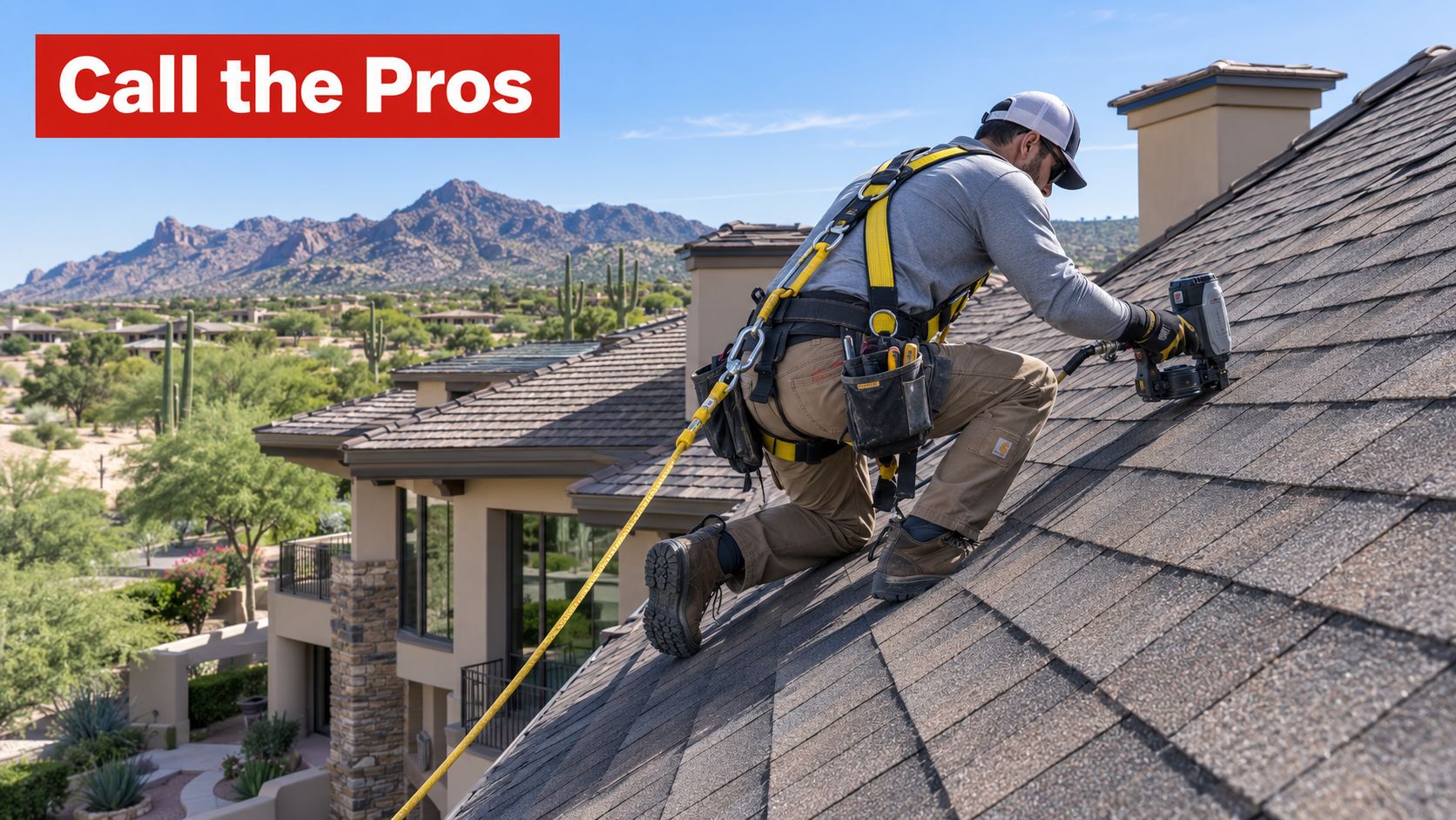 A professional roofer wearing safety equipment installs asphalt shingles on a residential roof in a desert landscape.