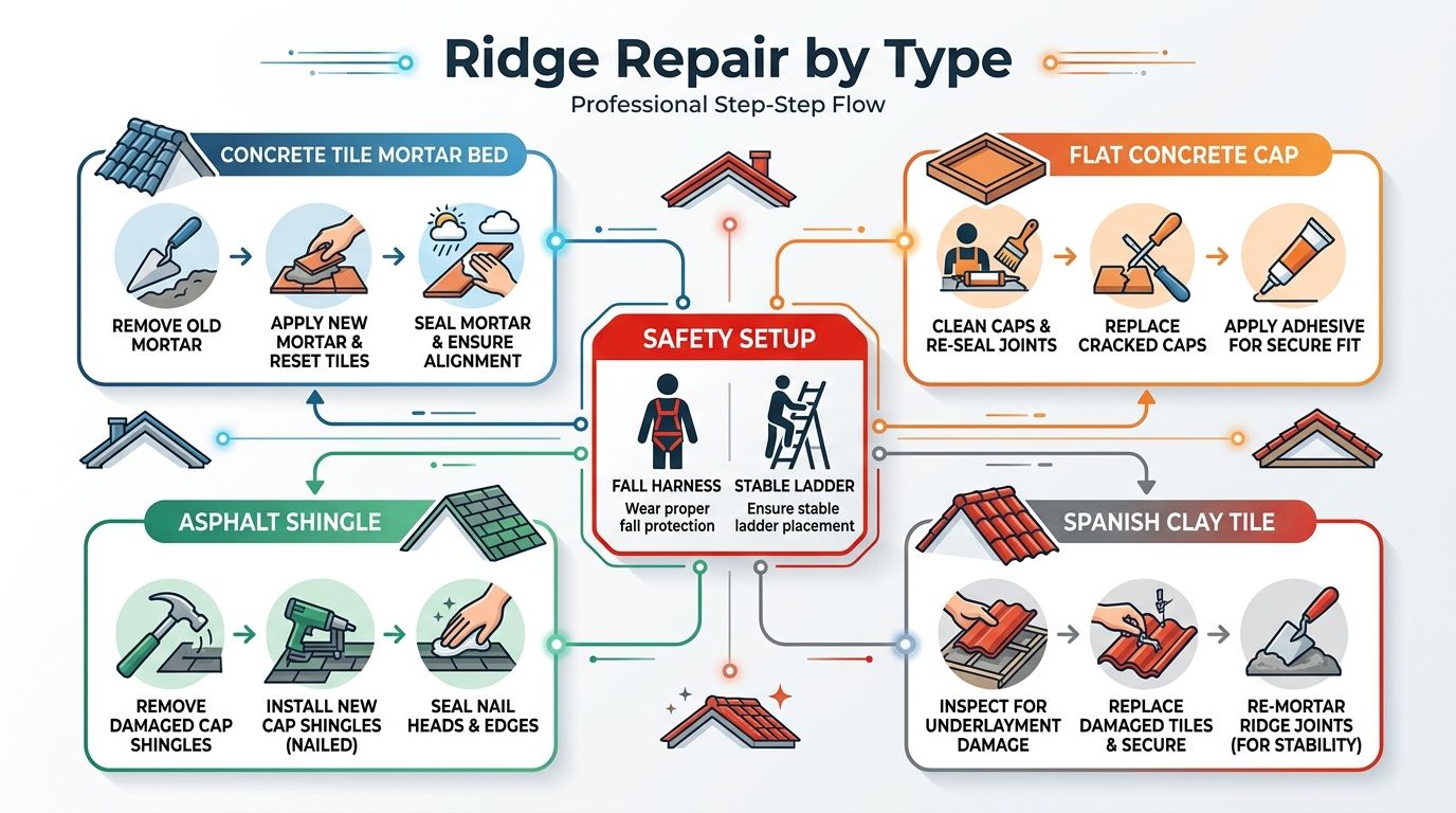 An infographic detailing professional step-by-step ridge repair procedures for four common types of roof materials.