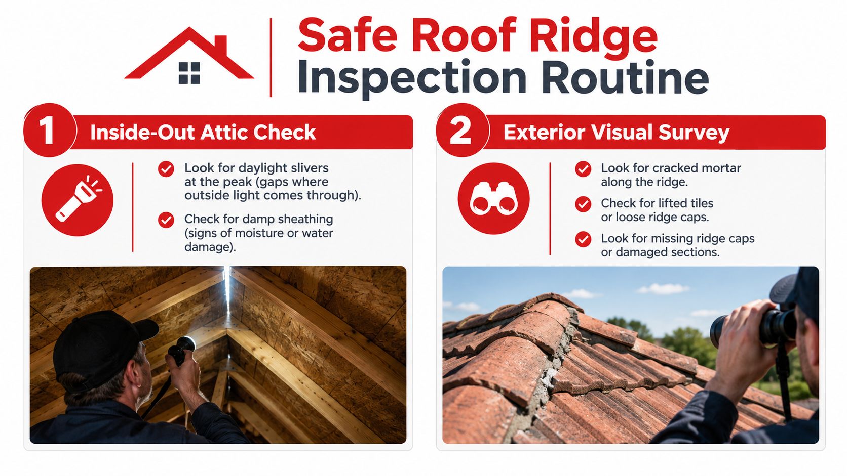 A guide for safe roof ridge inspection showing attic checks and exterior visual surveys with binoculars.