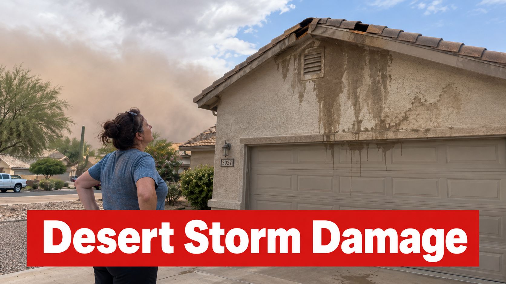 A woman looks at her house with damaged roof tiles and mud stains from a desert storm.